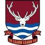 A crest with a white deer head, blue and red background, and a banner that says 'Live to Learn, Learn to Live'.