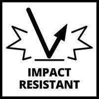 Impact resistant warning sign with a cracked glass and an upward arrow.