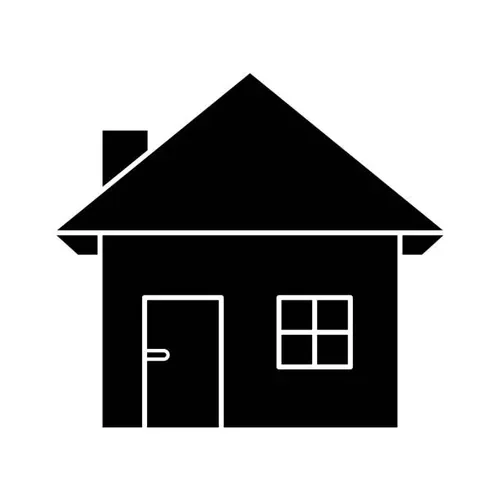 A black silhouette of a house with a chimney, a front door, and a window with four panes.