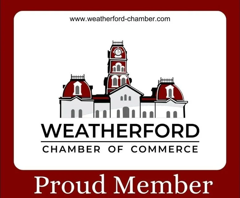 Logo for Weatherford Chamber of Commerce featuring a stylized illustration of a historic building with a central clock tower and red domed roofs, with a website URL at the top and text indicating membership.