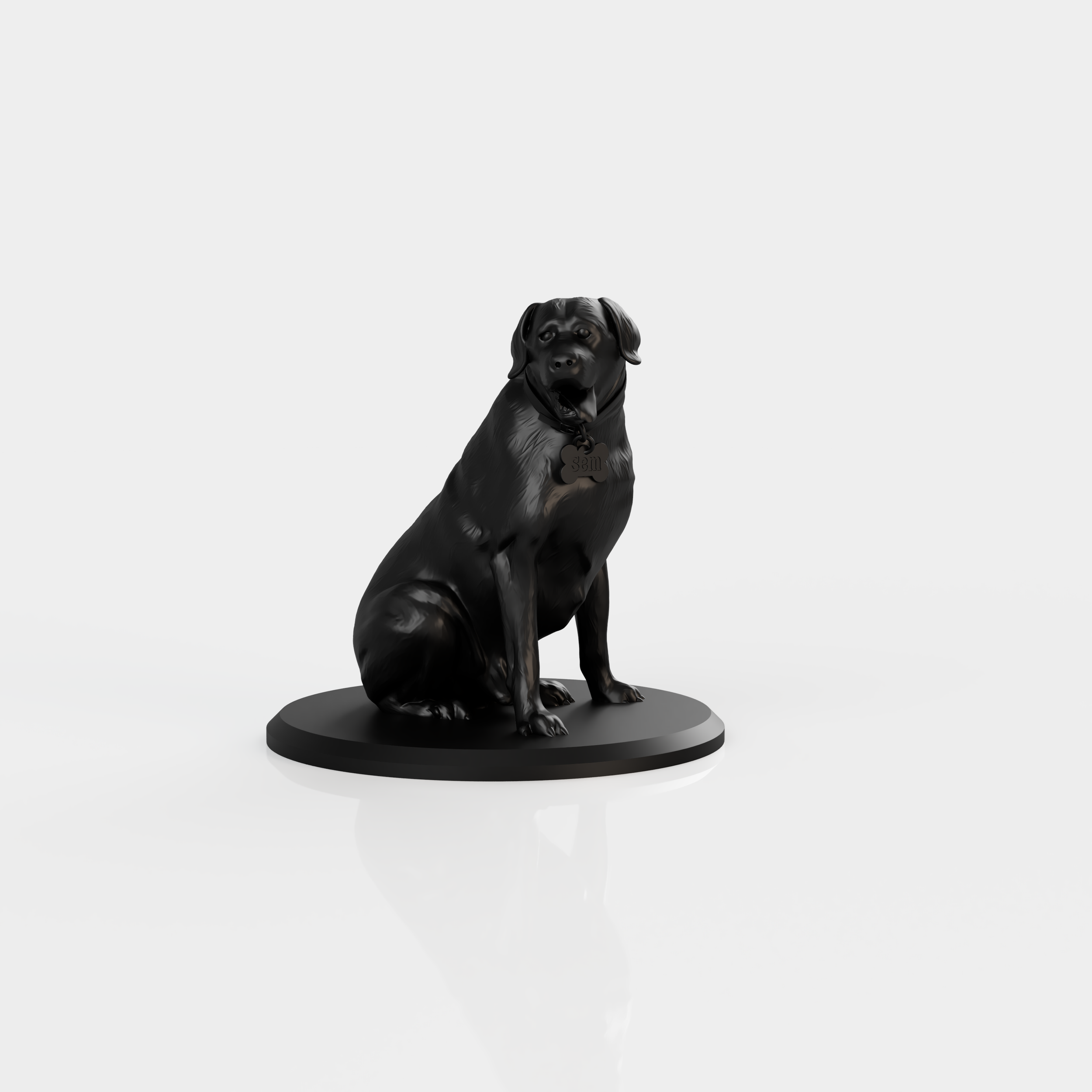 Zwarte hondenbeeldje op een ronde sokkel, geïsoleerd tegen een witte achtergrond. 3d scan.