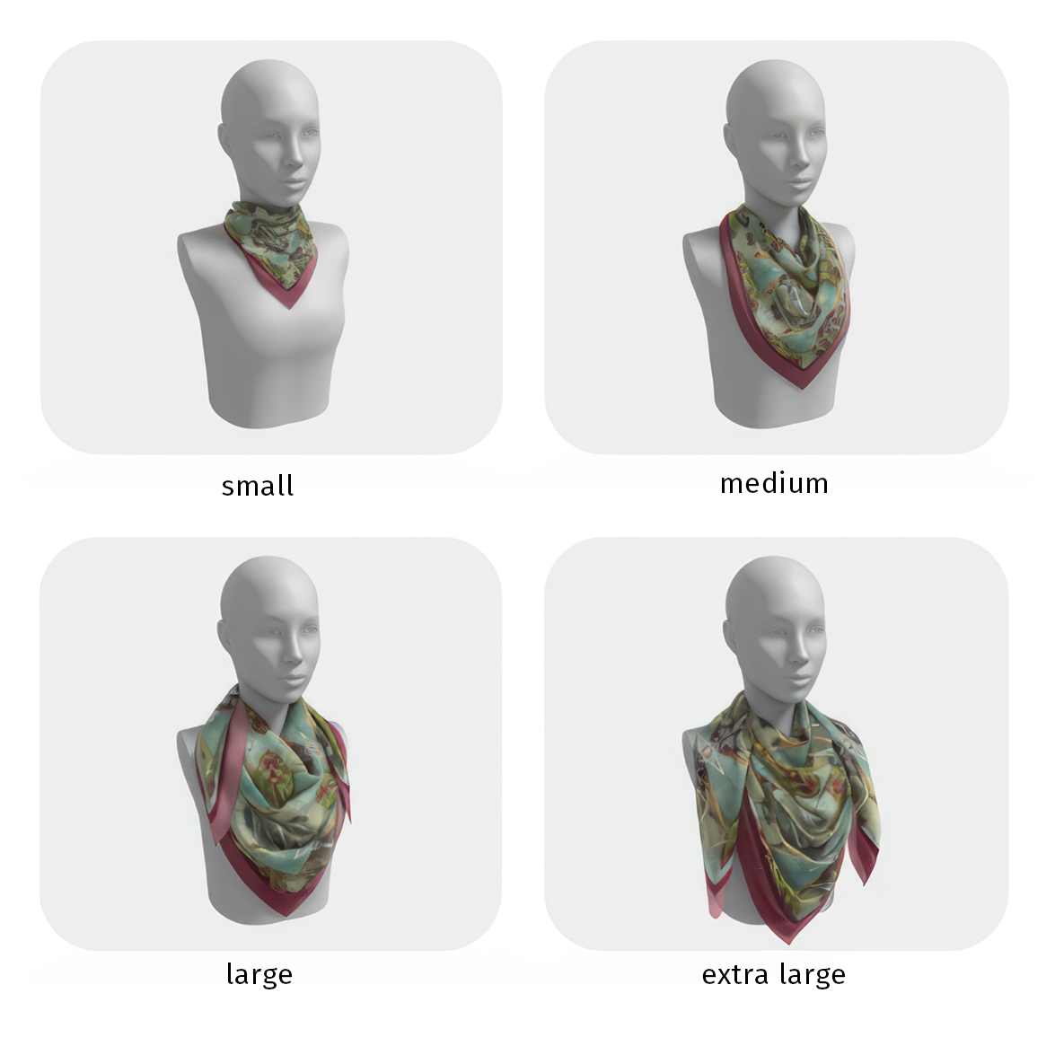 four display head models are placed in a grid and show how the scarf looks in each of the four sizes.