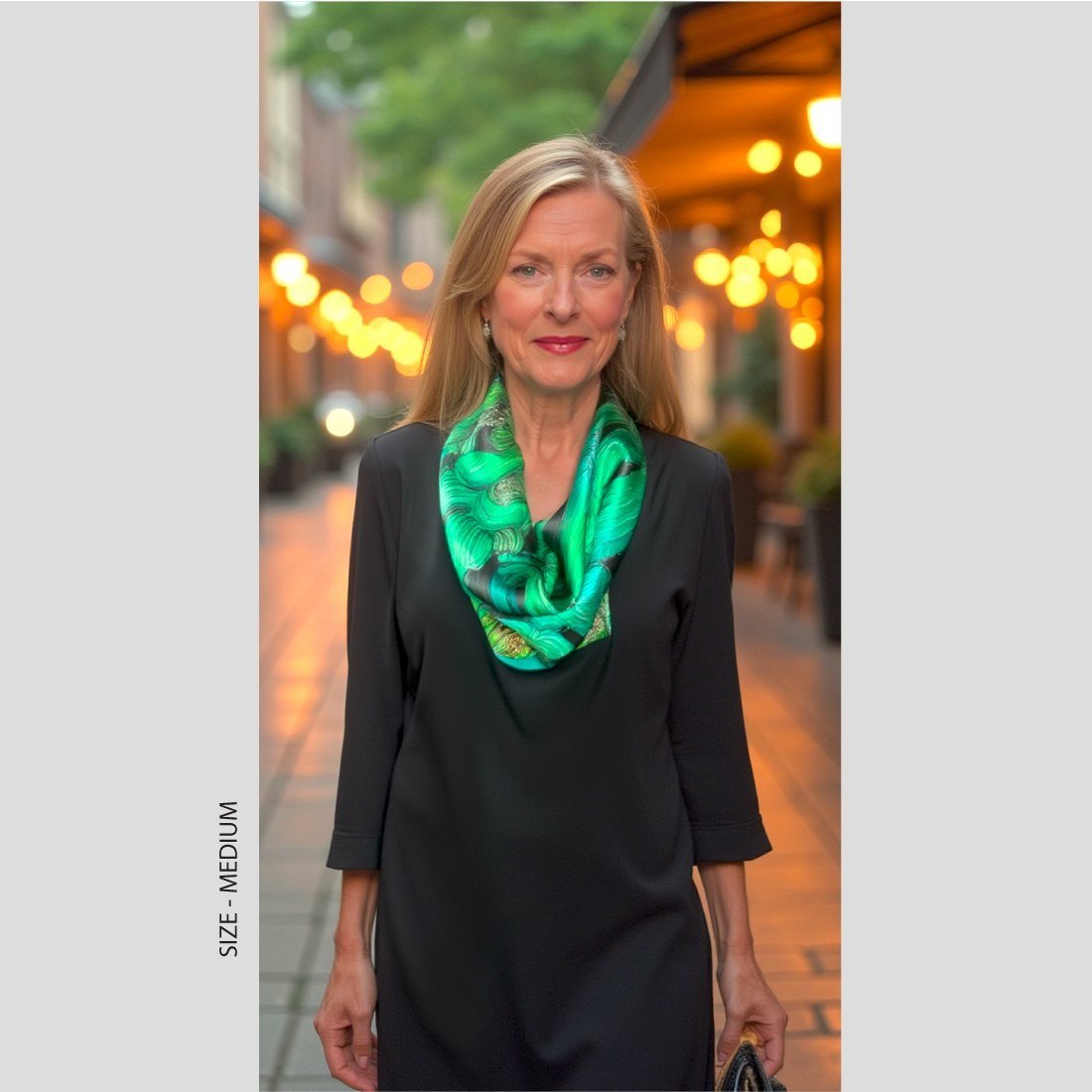 A woman in a black dress walks down a street with a jewel toned scarf decorating her neck