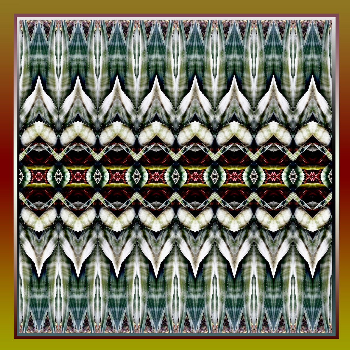 Metamorphosis silk scarf with charcoal, ember, and sage symmetrical patterns, evoking transformation and movement.