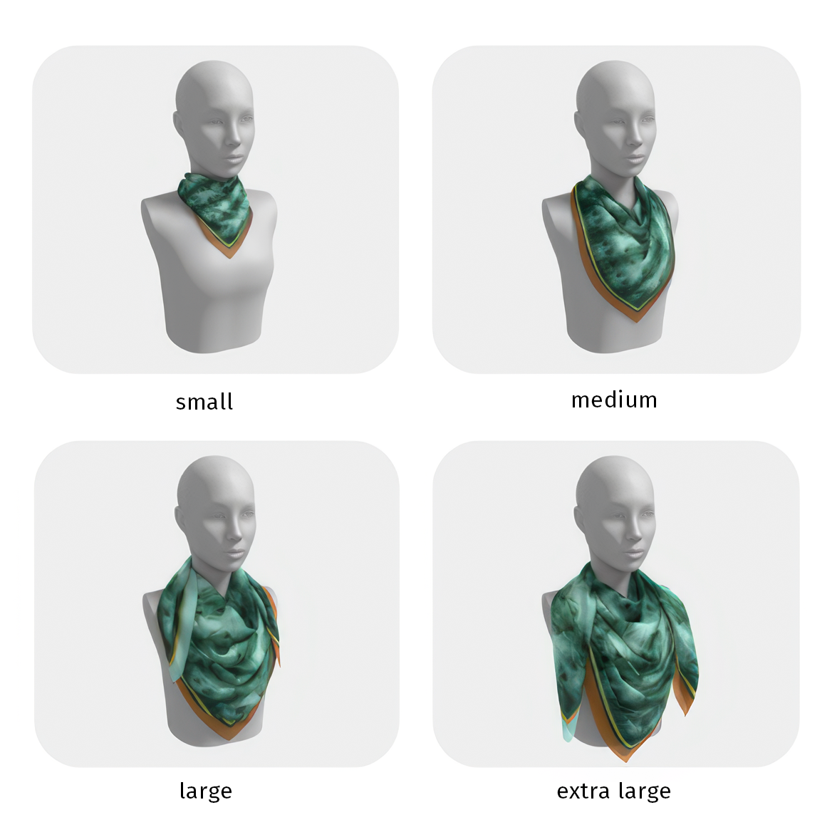 A picture of 4 head models in a grid wearing each scarf size to show the differences