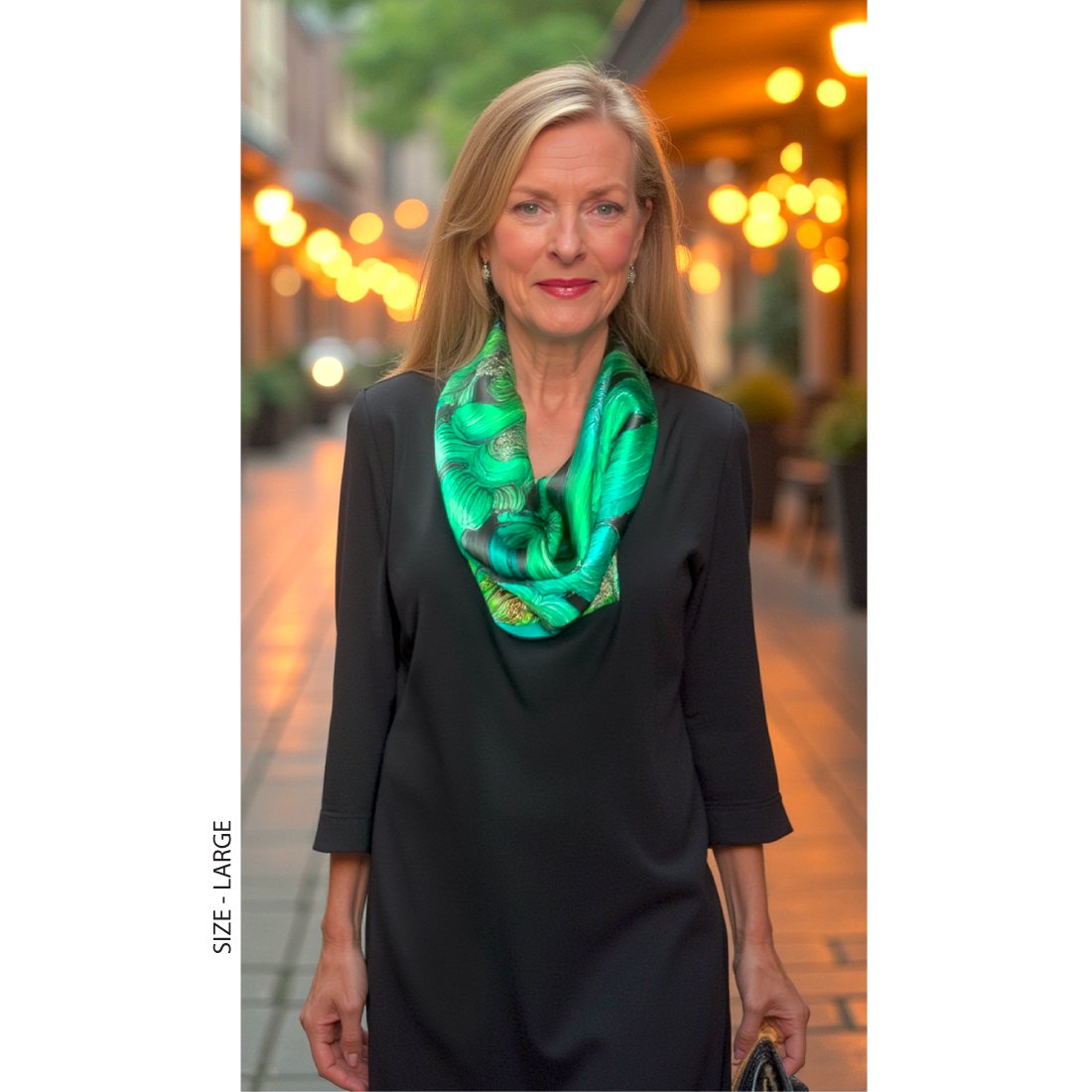 A blond woman wears The Life of Water blue-green scarf around her neck on the street in the evening with a black dress