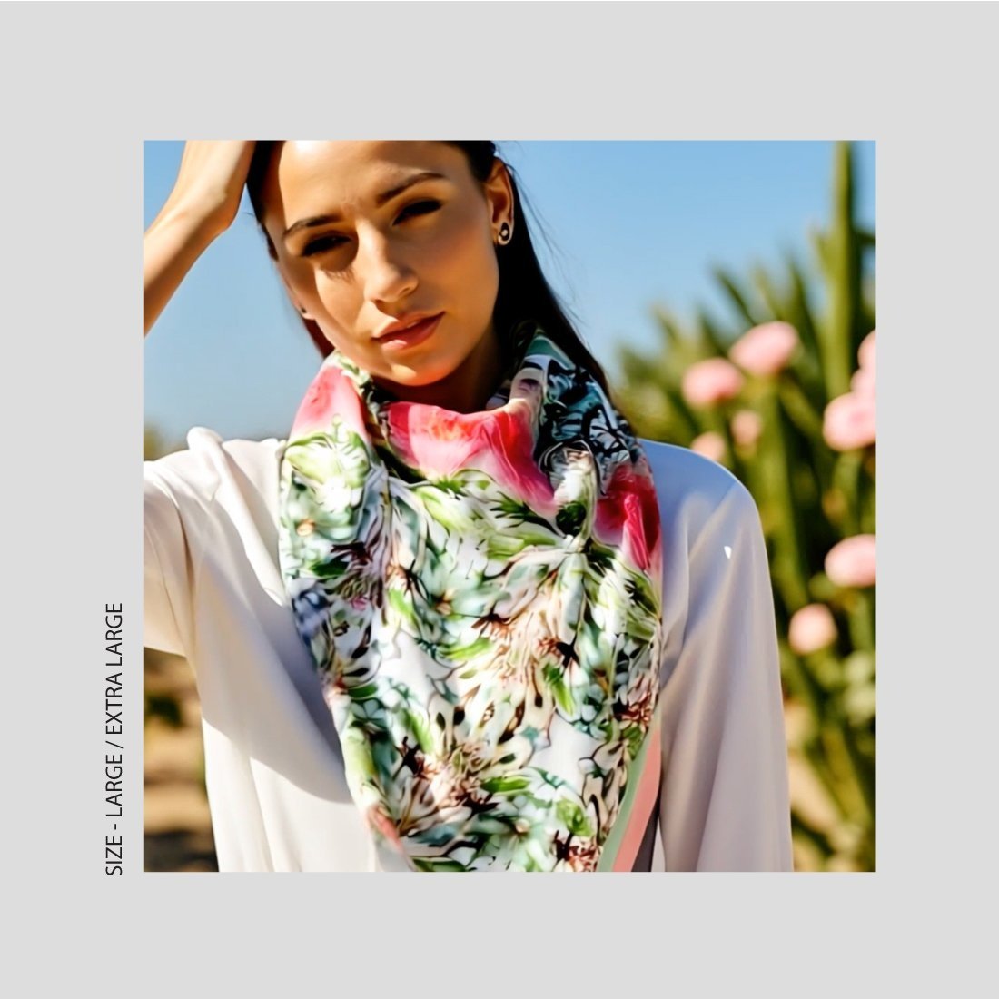 Sweet Succulents by Kat Kerr Art is a silk scarf celebrating soft strength. Pink blooms and green balance in desert-inspired symmetry.