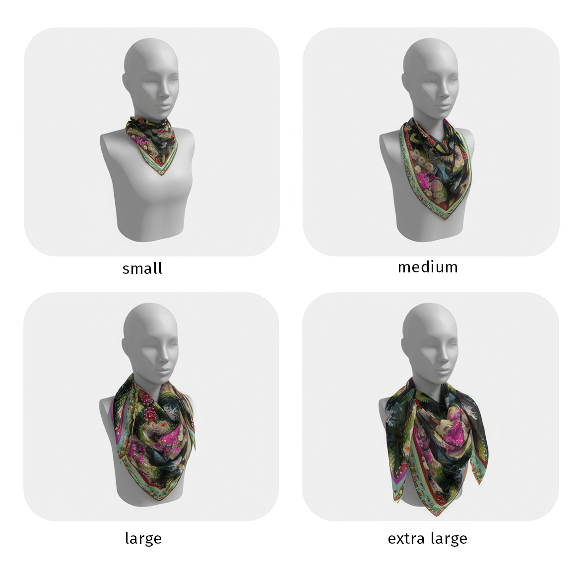 Four display heads are placed in a grid to model how the scarf looks in each of the four sizes.