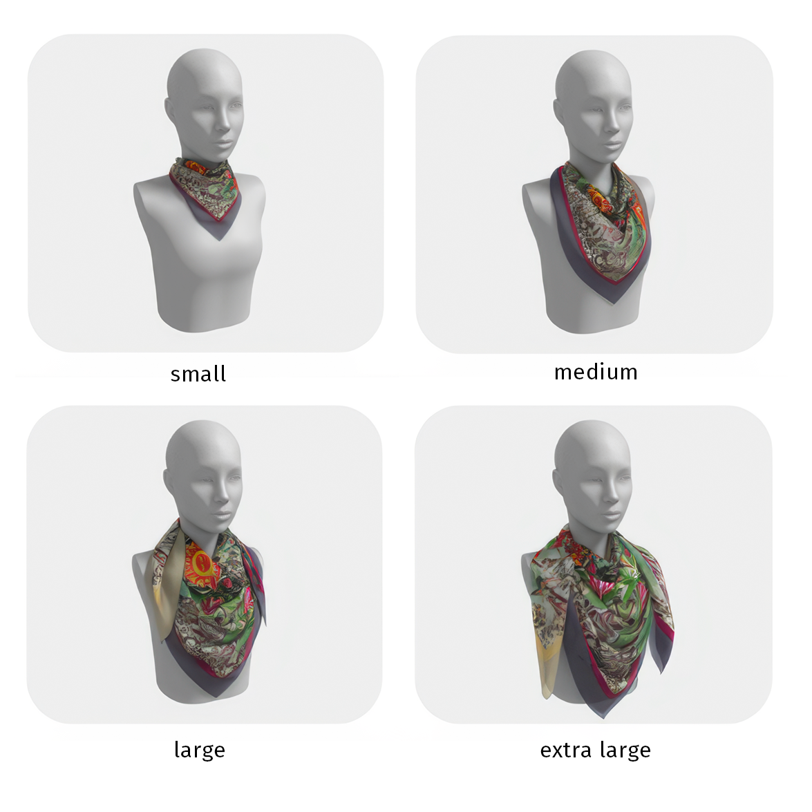 four display head models are placed in a grid to show how the scarf looks in each of the four sizes.