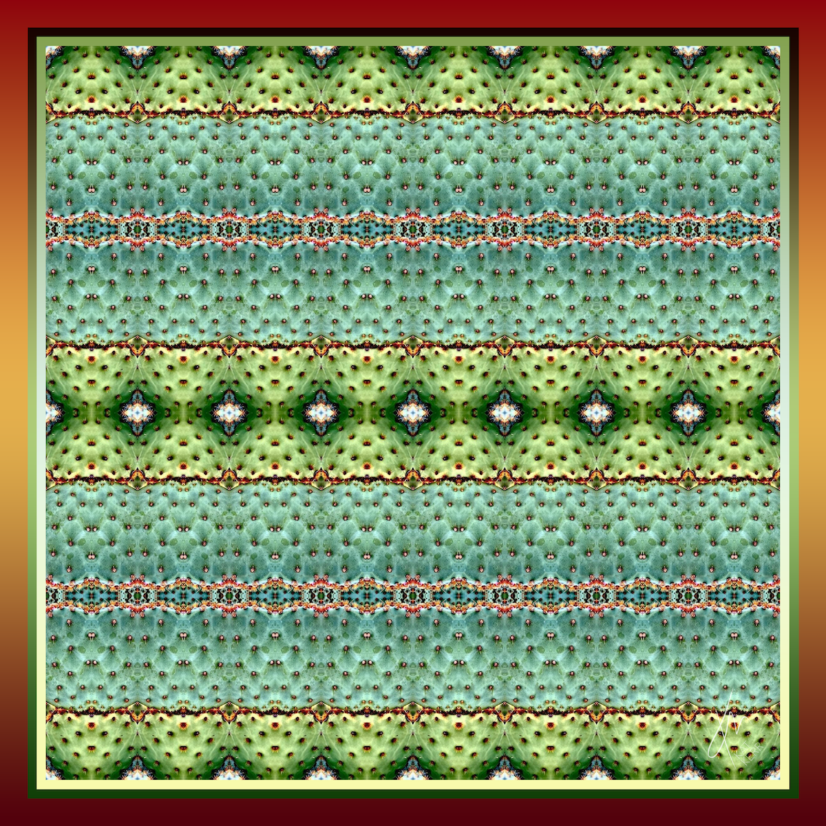 "Beading" is a 100% silk scarf from KAT KERR, featuring an intricate repeating bead pattern set within a red and yellow blended border and inspired by the beauty found in the plant life of Arizona.