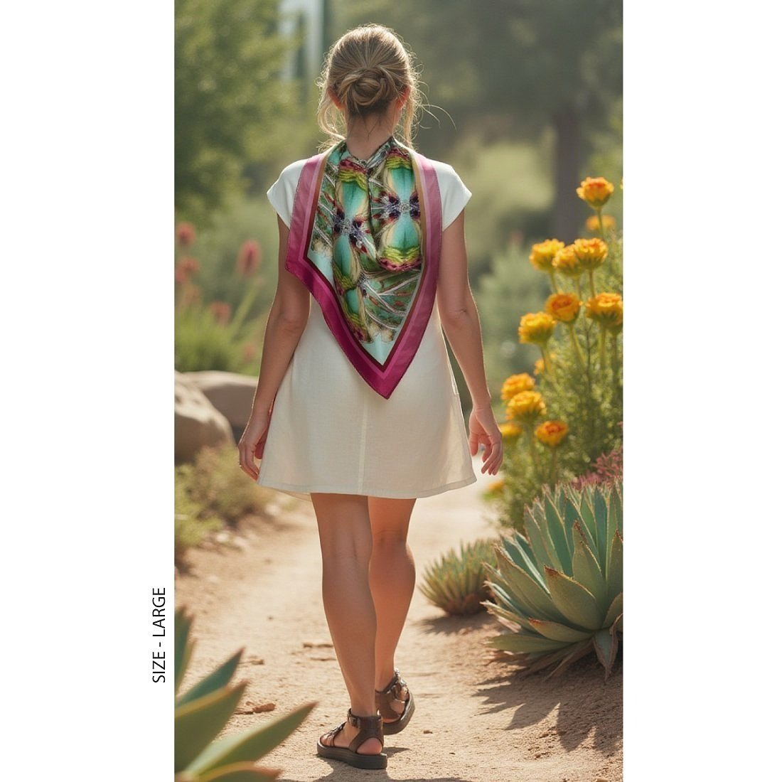 A girl wears "Arizona" scarf hanging down her back as she walks through a garden in sandals and a short white dress.