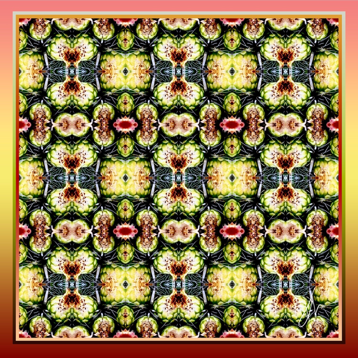 Web of Life by Kat Kerr Art is a 100% silk scarf inspired by ecosystems, mandalas, and sacred connection. Intricate, bold, and alive with layered symmetrical designs in primary tones.