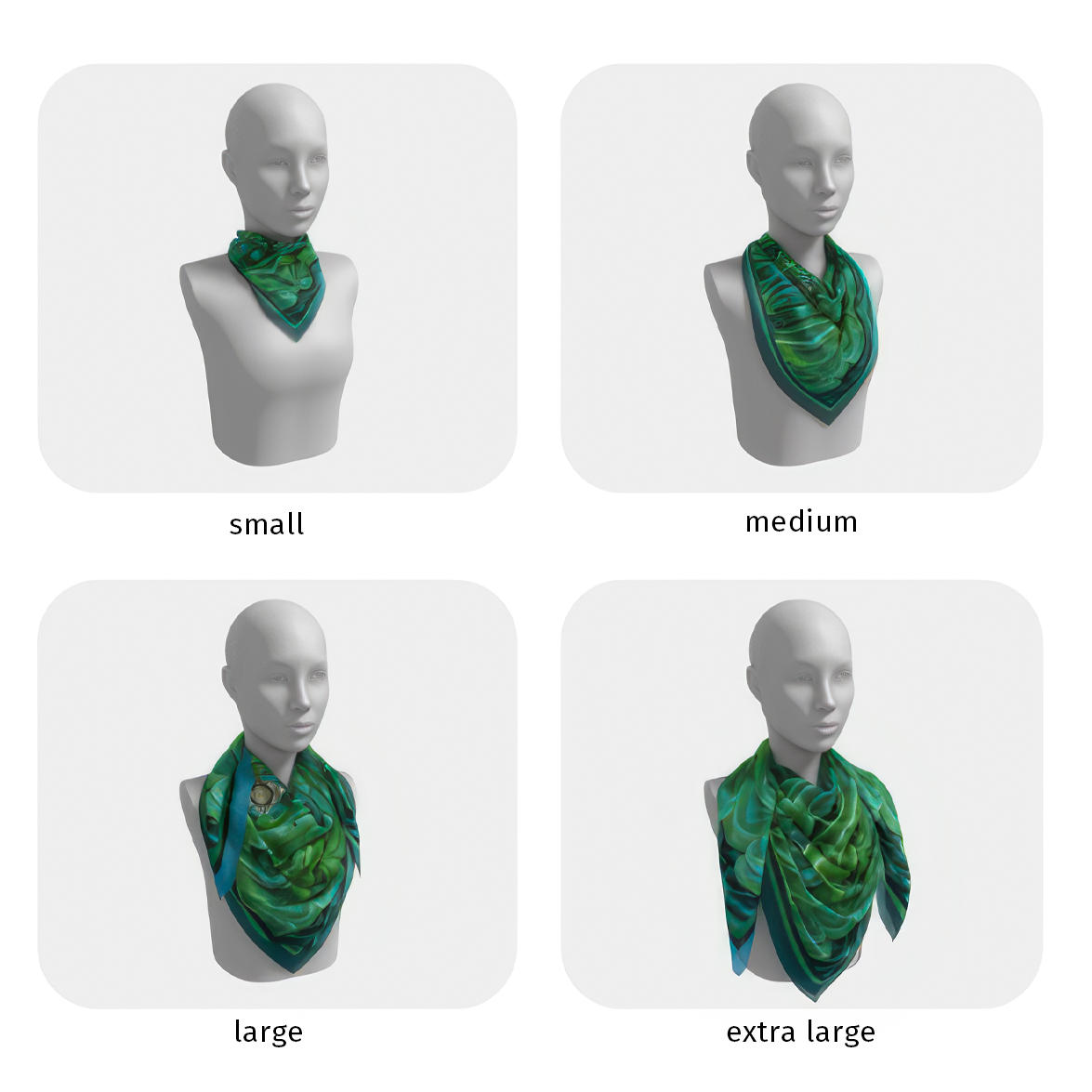 Four display heads are placed in a grid to model how the scarf looks in each of the four sizes.