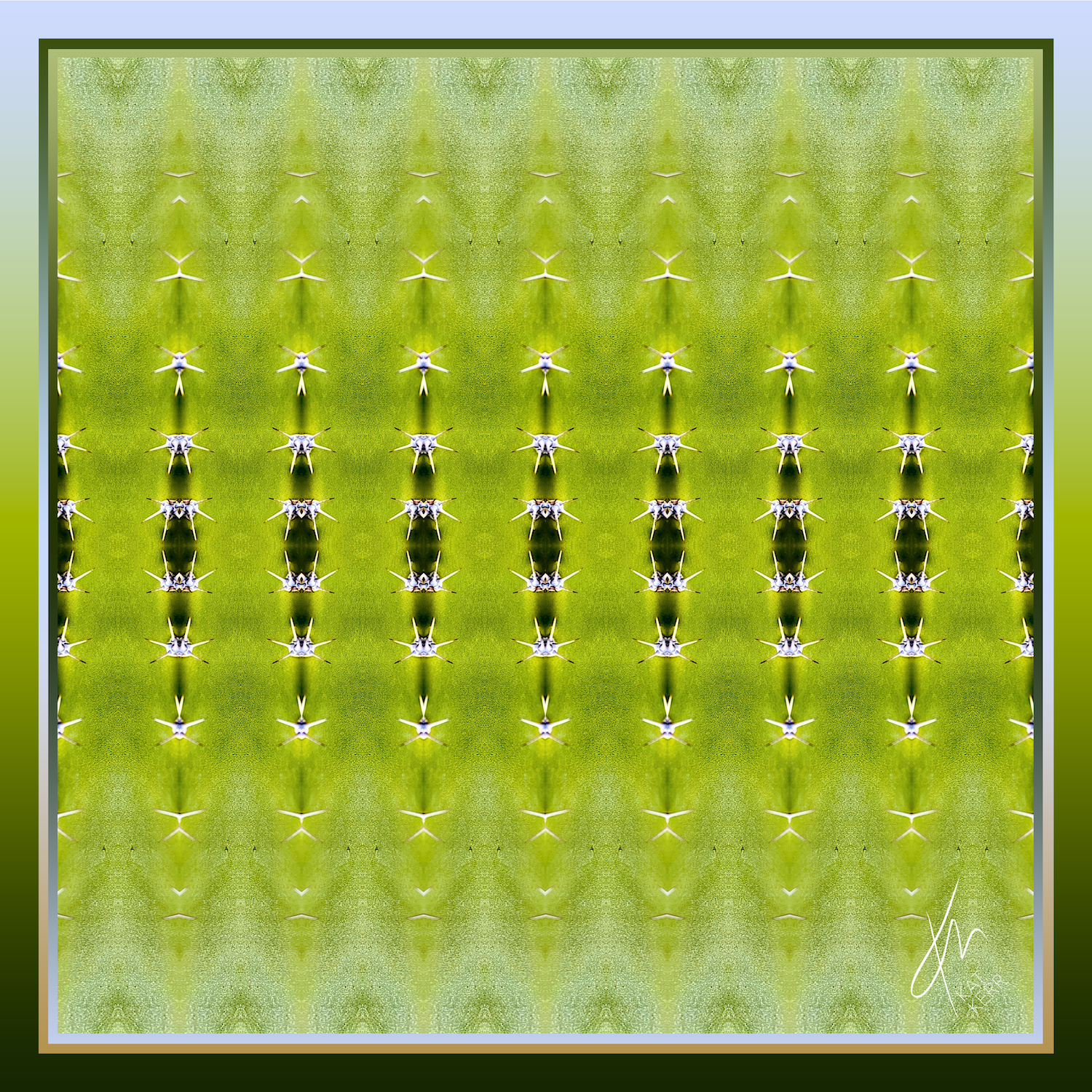 Diversion silk scarf in brilliant green tones with minimalist mirrored motifs, inspired by evolution and l invention..