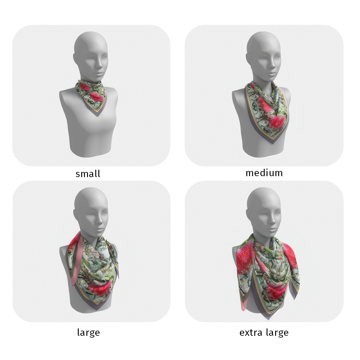 four display head models are placed in a grid and show how the scarf looks in each of the four sizes.