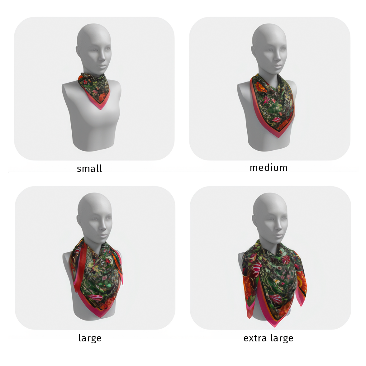 Four display heads are placed in a grid to demonstrate how the scarf looks in each of the four sizes.
