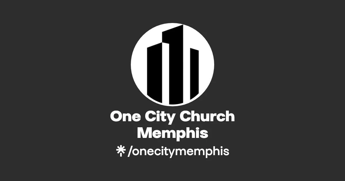 Logo for One City Church Memphis, featuring black tall building silhouettes within a white circle on a dark background.