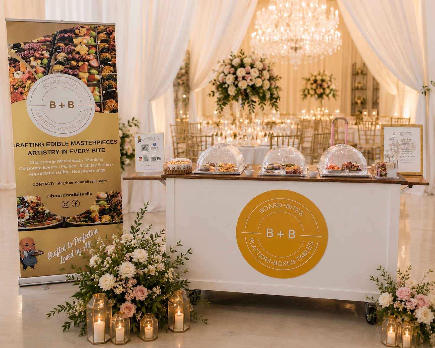 Board and Bites mobile cart styled for a wedding celebration