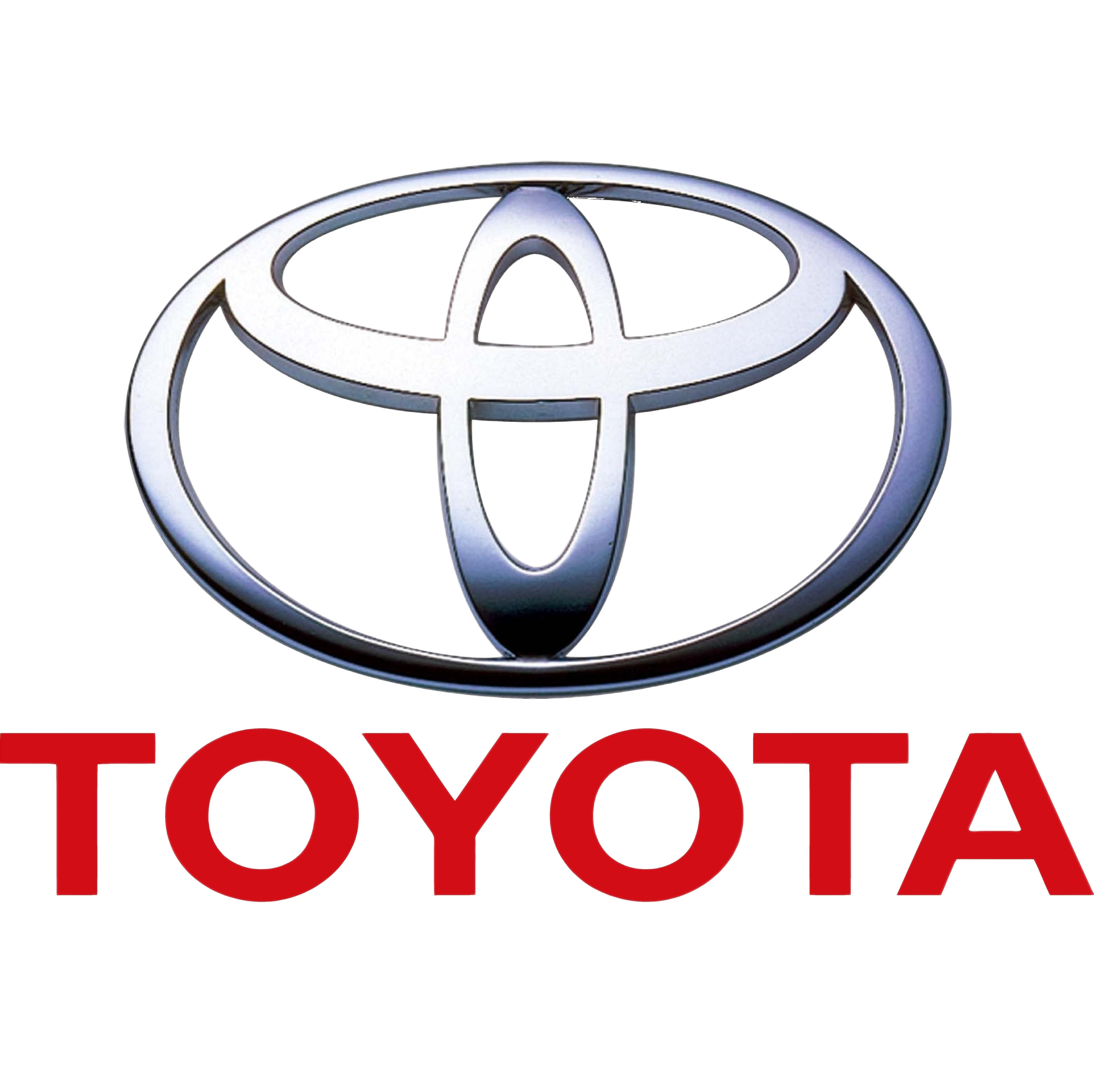 The Toyota logo with a metallic silver oval emblem above the red text 'TOYOTA' on a black background.