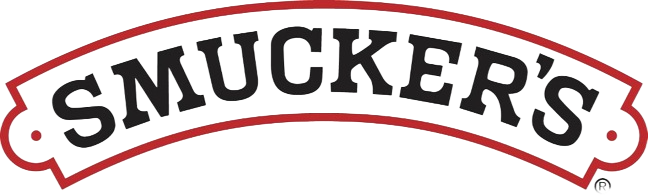 Close-up of the Smucker's logo with black text on a red arching banner.