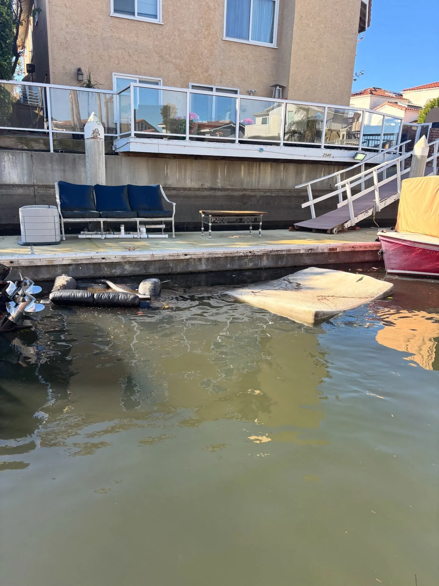 Channel Watch Marine Services provides contracted patrol and response services to local communities. 
Rain tends to bring unwanted debris into the harbor, such as this couch and mattress in Mandalay Bay. 
We are unable to self-dispatch to non-emergen