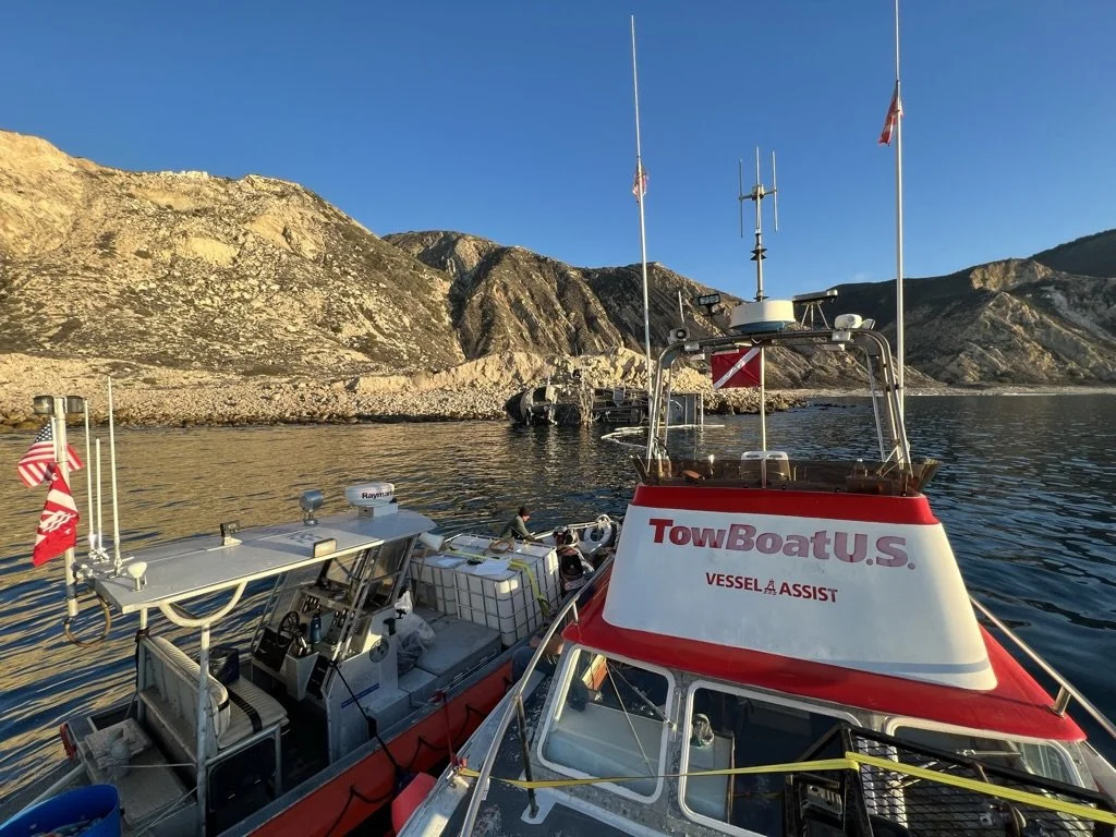 A U.S. Coast Guard rescue boat on calm water near rocky cliffs, with communication antennas and flags flying.