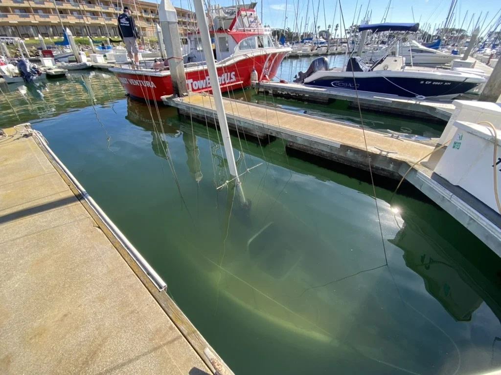 A marina with several boats docked, including a red rescue boat titled "Ventura" and various other yachts and sailboats, with a concrete dock on the left and calm water.