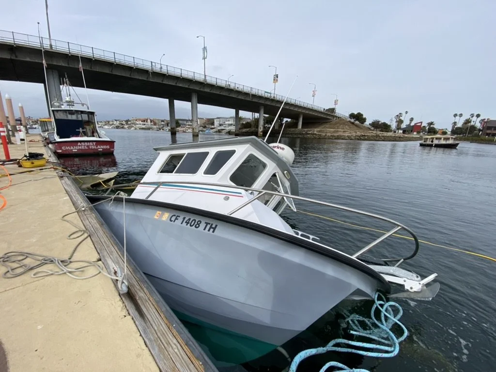 A small white and gray boat is docked at the pier, with a bridge in the background and a red boat tied to the dock nearby.