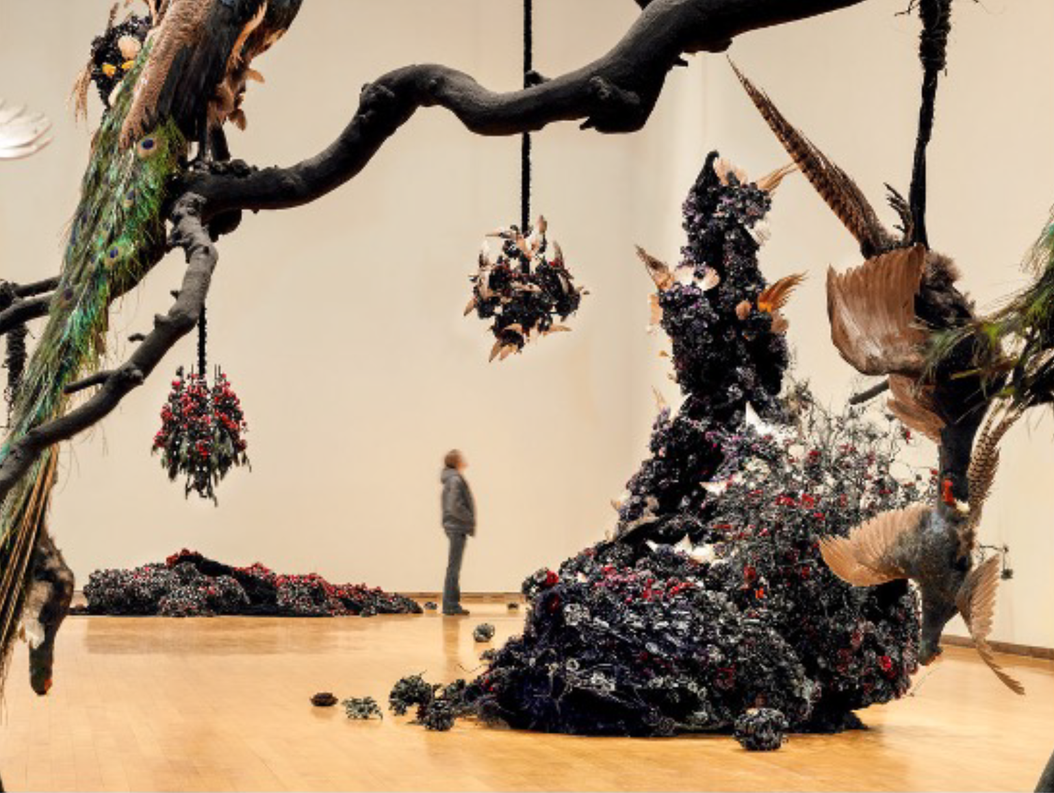 Installation view of artist Petah Coyne's exhibition at MASS MoCA. Multiple suspended sculptures featuring birds, wax flowers, and other natural materials.