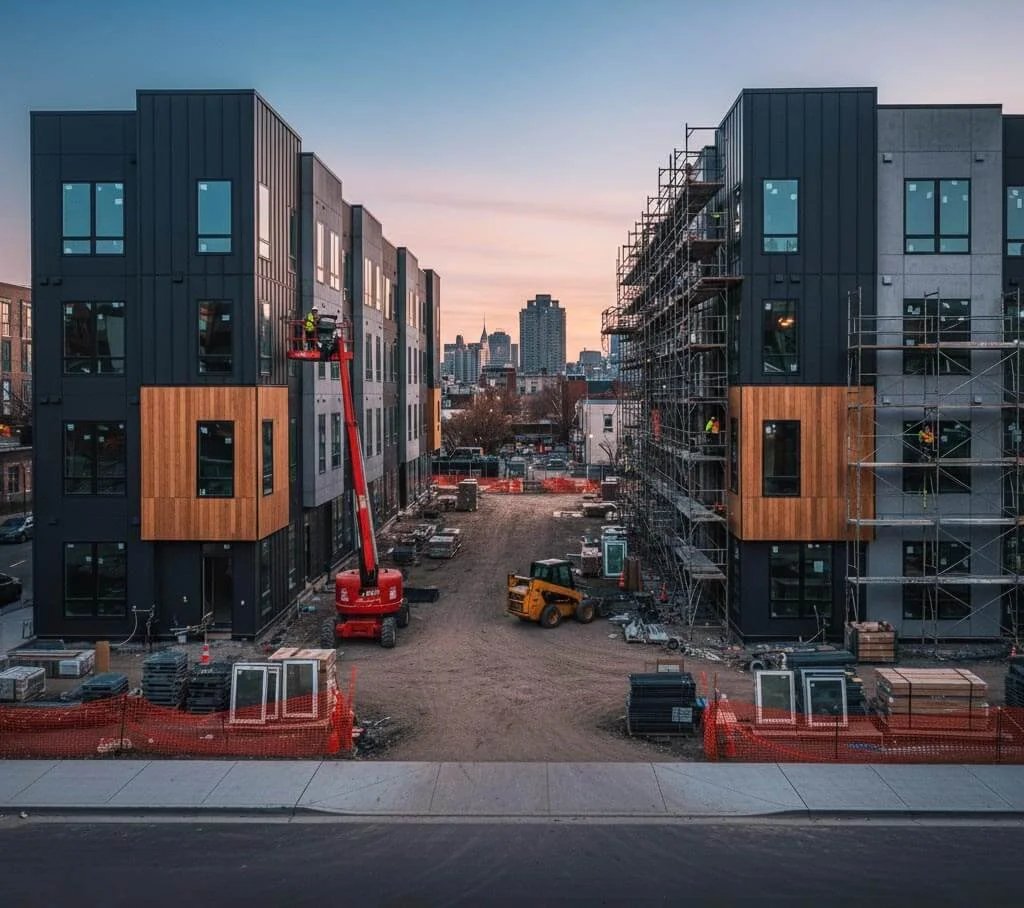 Construction site with buildings under construction, scaffolding, a cherry picker, and construction workers at sunset.