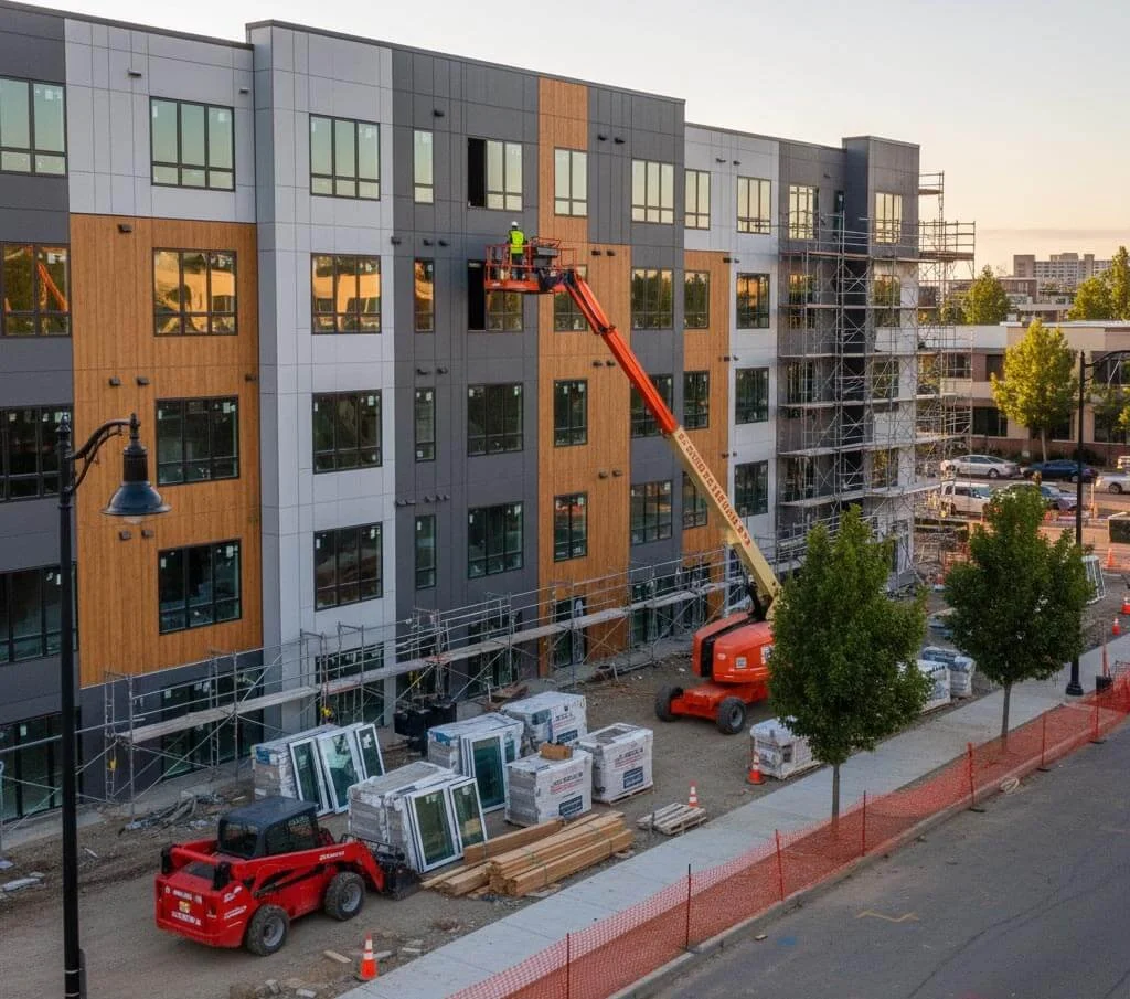 Construction workers installing exterior paneling on a multi-story building with scaffolding, construction equipment, and building materials on the ground.