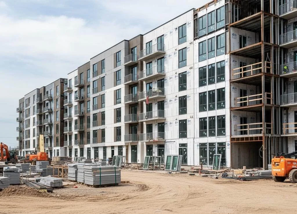 Construction site with a multi-story apartment building being built, construction equipment, and building materials on the ground.