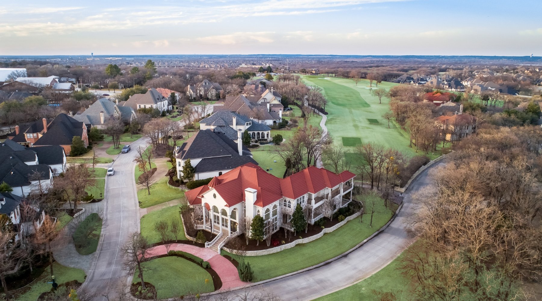 Aerial view of a luxury golf course home sold by Lily Moore in Trophy Club, Texas