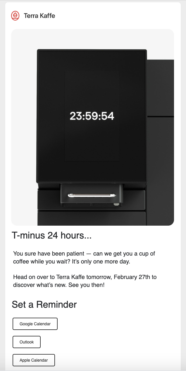 Terra Kaffe TK-02 relaunch reminder email