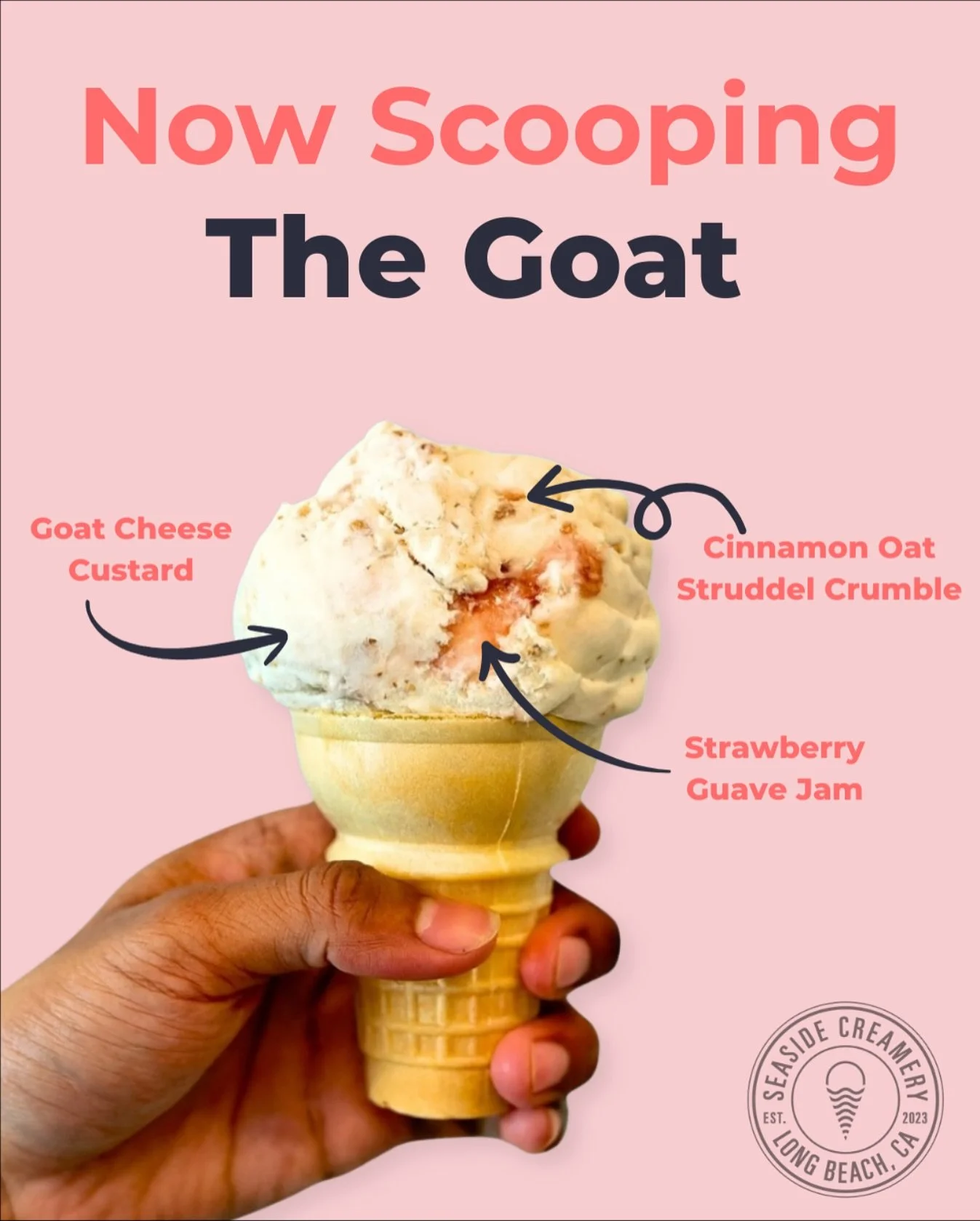 Ready for something new? Meet The Goat π
Tangy goat cheese custard swirled with tropical strawberry guava jam and chunks of buttery cinnamon oat strudel crumble.
Creamy, tart, and a little tropical. It’s one of those flavors that keeps you c