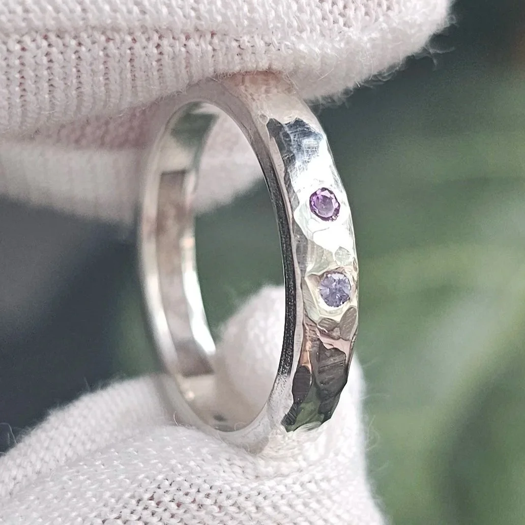 2 Stone Cubic Zirconia Hammered Internal Channel Ring (Unisex)