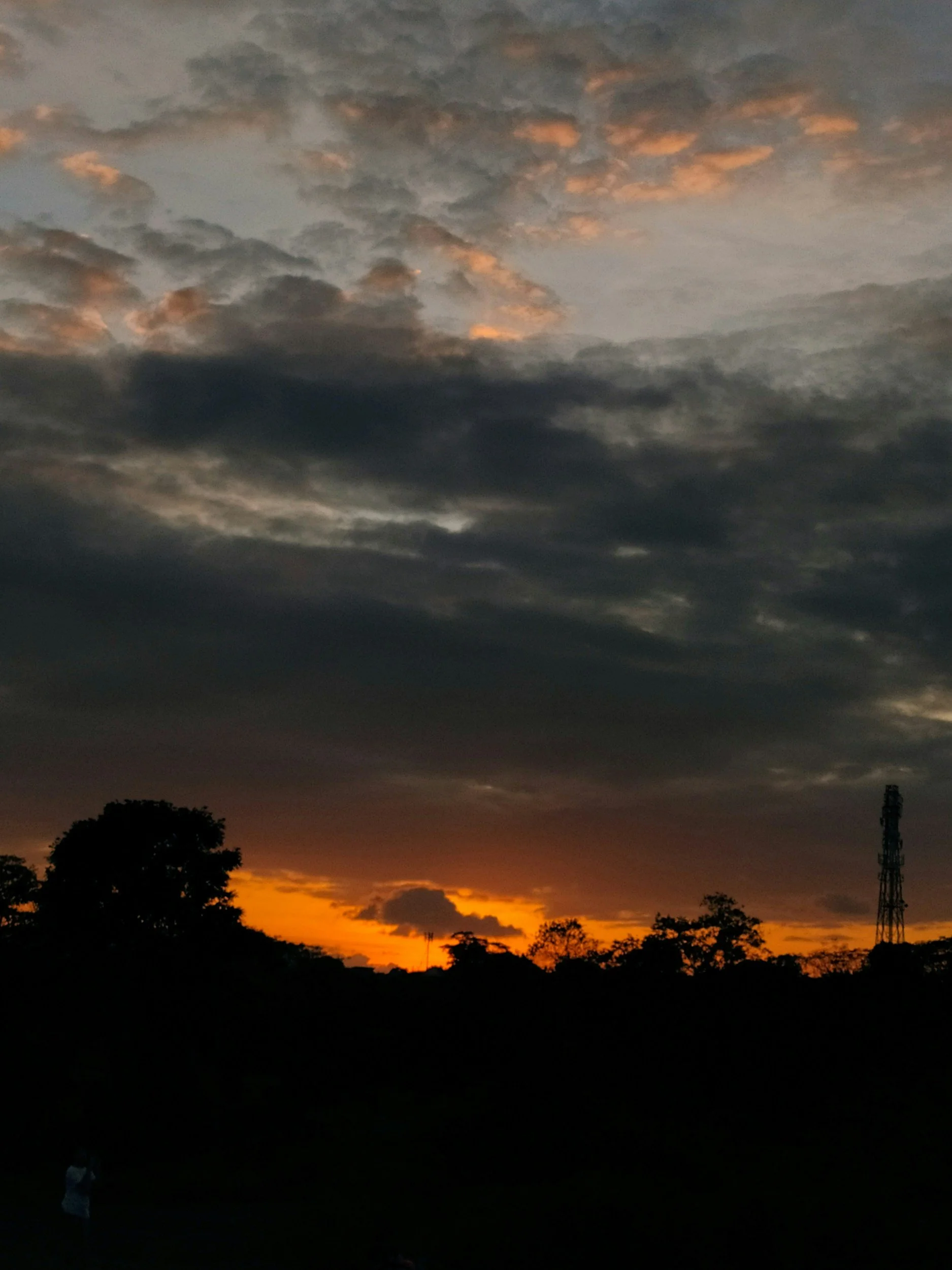 A sunset with dark clouds and an orange glow near the horizon, silhouettes of trees, and a cell tower on the right.