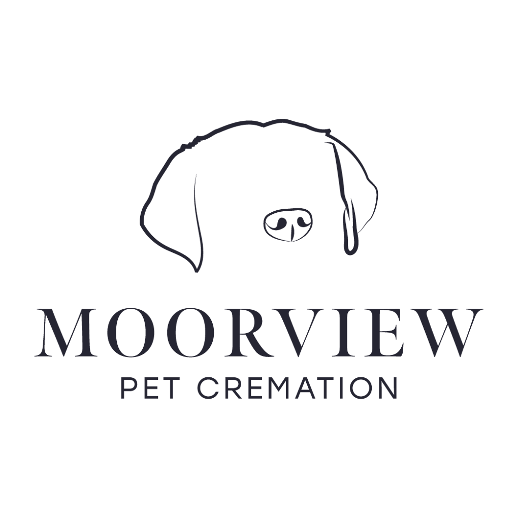 Logo for Moorview Pet Cremation featuring a minimalistic line drawing of a dog's face and the text 'MOORVIEW PET CREMATION'.