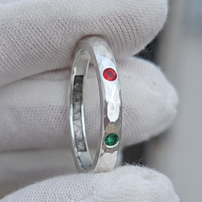 2 Precious Stone Hammered Internal Channel Ring (Dainty)