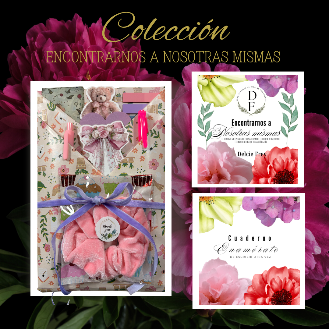 Caja de regalo con peluche de oso, accesorios y una cinta, acompañada de dos tarjetas con fondos florales y textos en español que promocionan una colección para encontrarse con uno mismo.