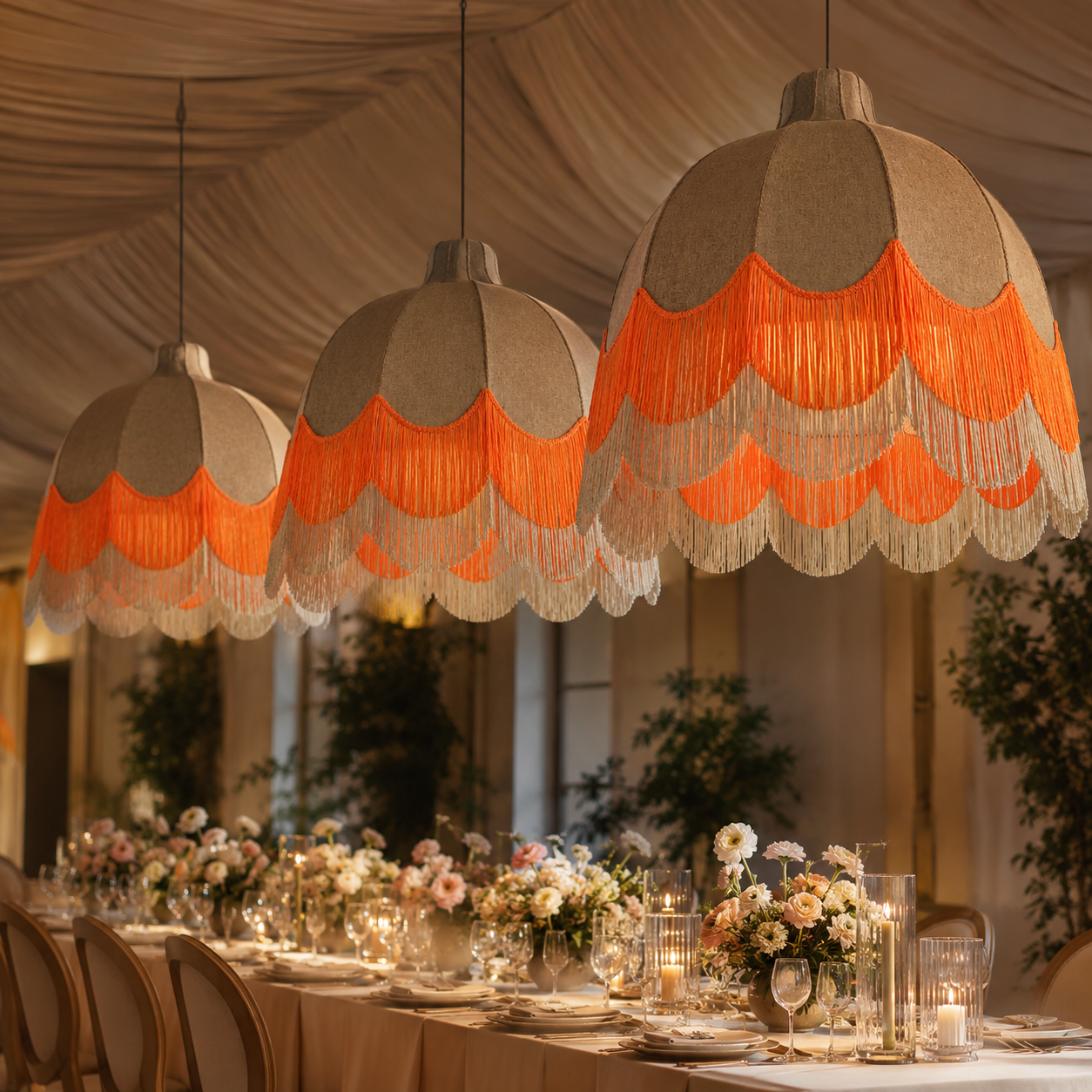 Orange fringe lampshades suspended above a styled event tablescape