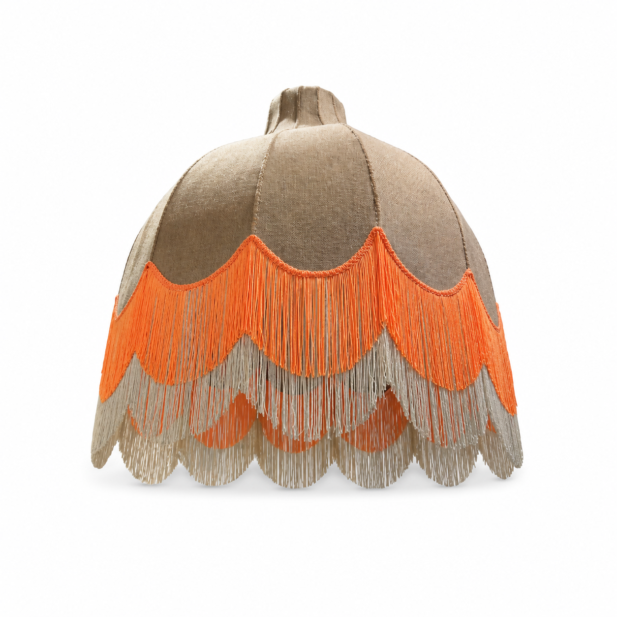 Orange fringe hanging lampshade rental for colorful wedding decor