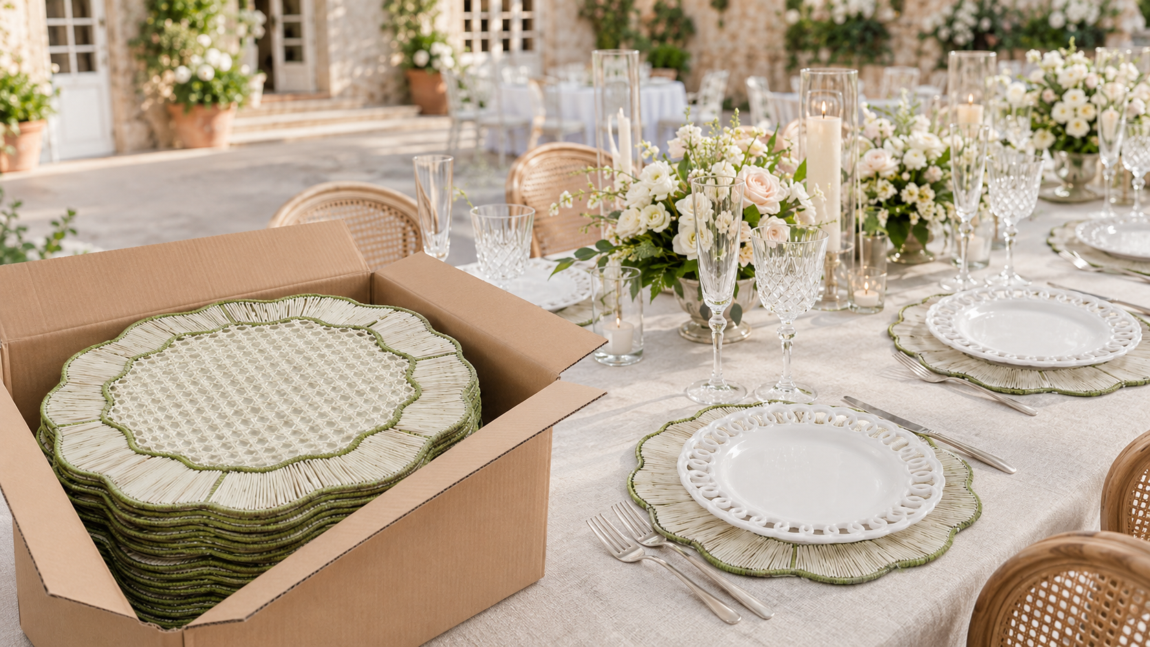 Table set for outdoor event with elegant white and green tableware, including plates, glassware, and floral centerpieces, with a large box of matching plates in the foreground.