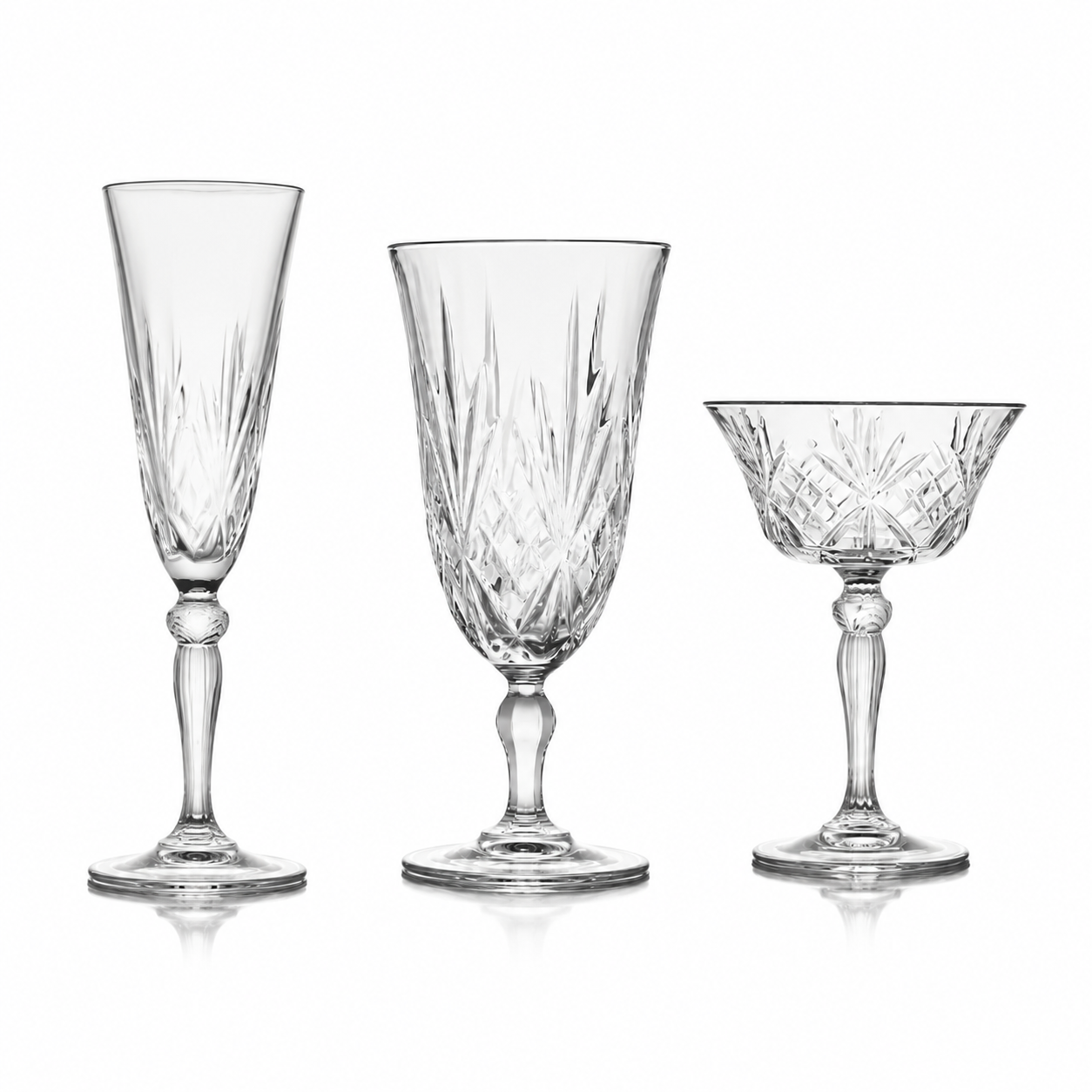 Melodia glassware collection - flute, wine glass, and coupe lineup