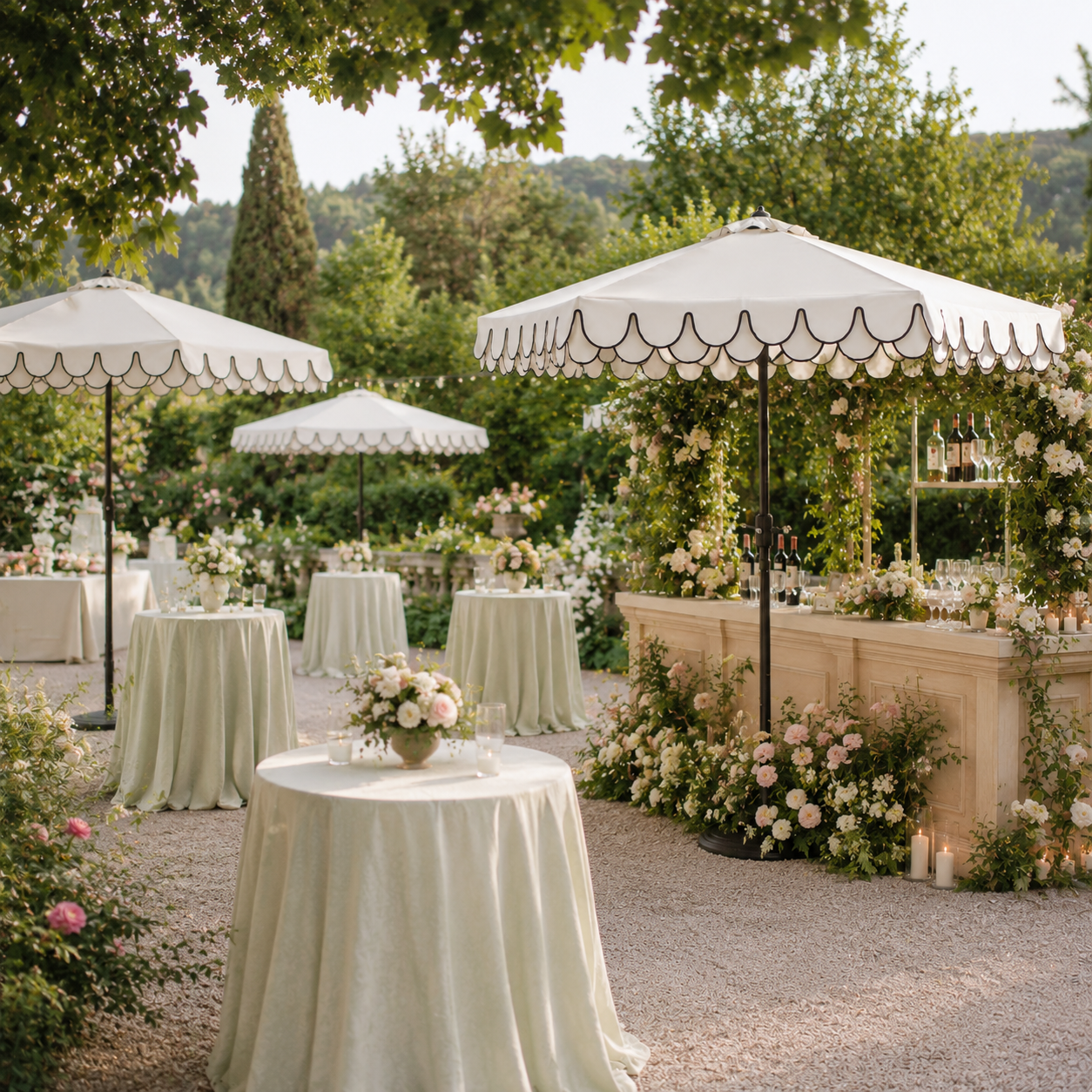 Black-and-white double-scalloped umbrella at an outdoor wedding reception