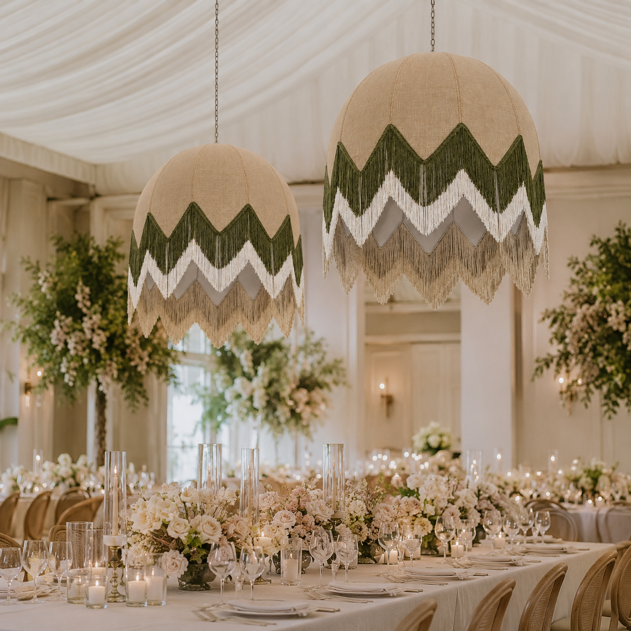 Large green fringe lampshade displayed above a wedding tablescape