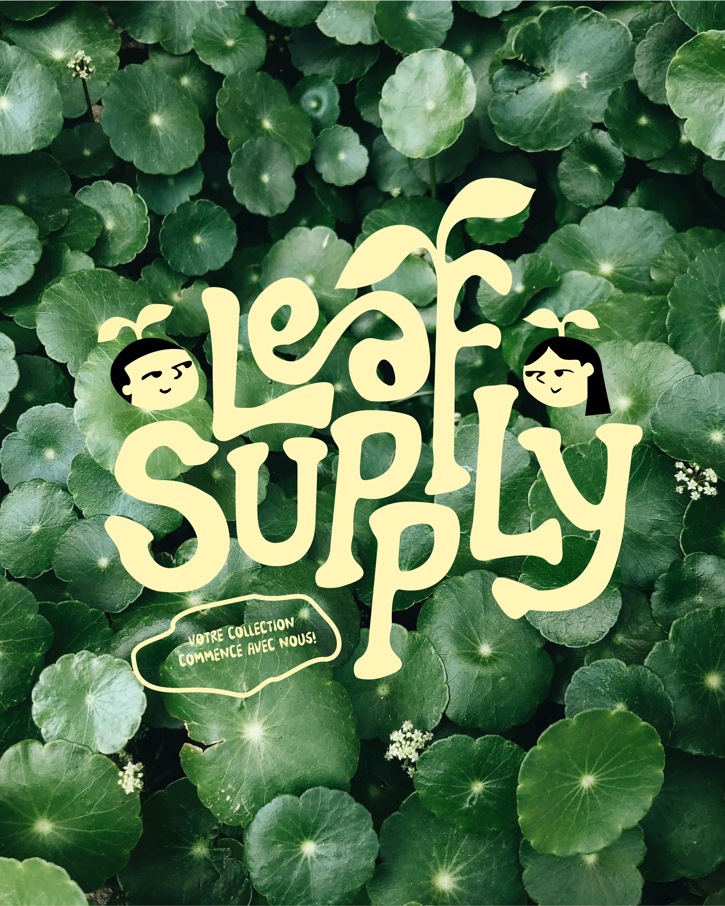 Logo de Leed's Supply avec dessins de visages de fille et texte en français sur fond de feuilles vertes.