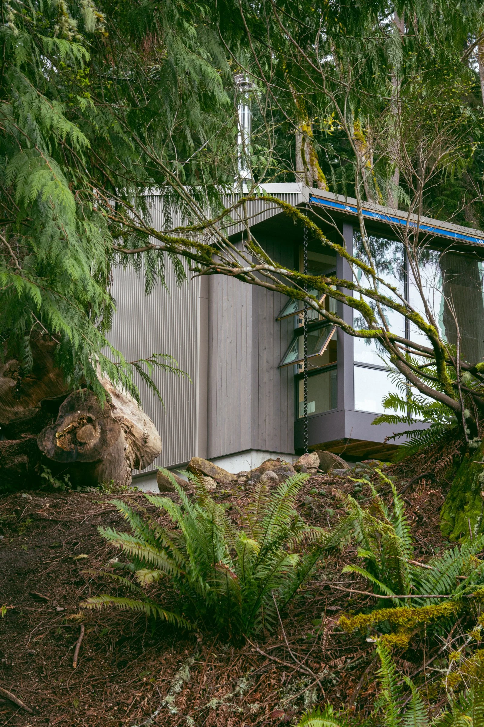 Custom structural engineering for sloped hillside home north of Seattle with greenery and surrounding woods