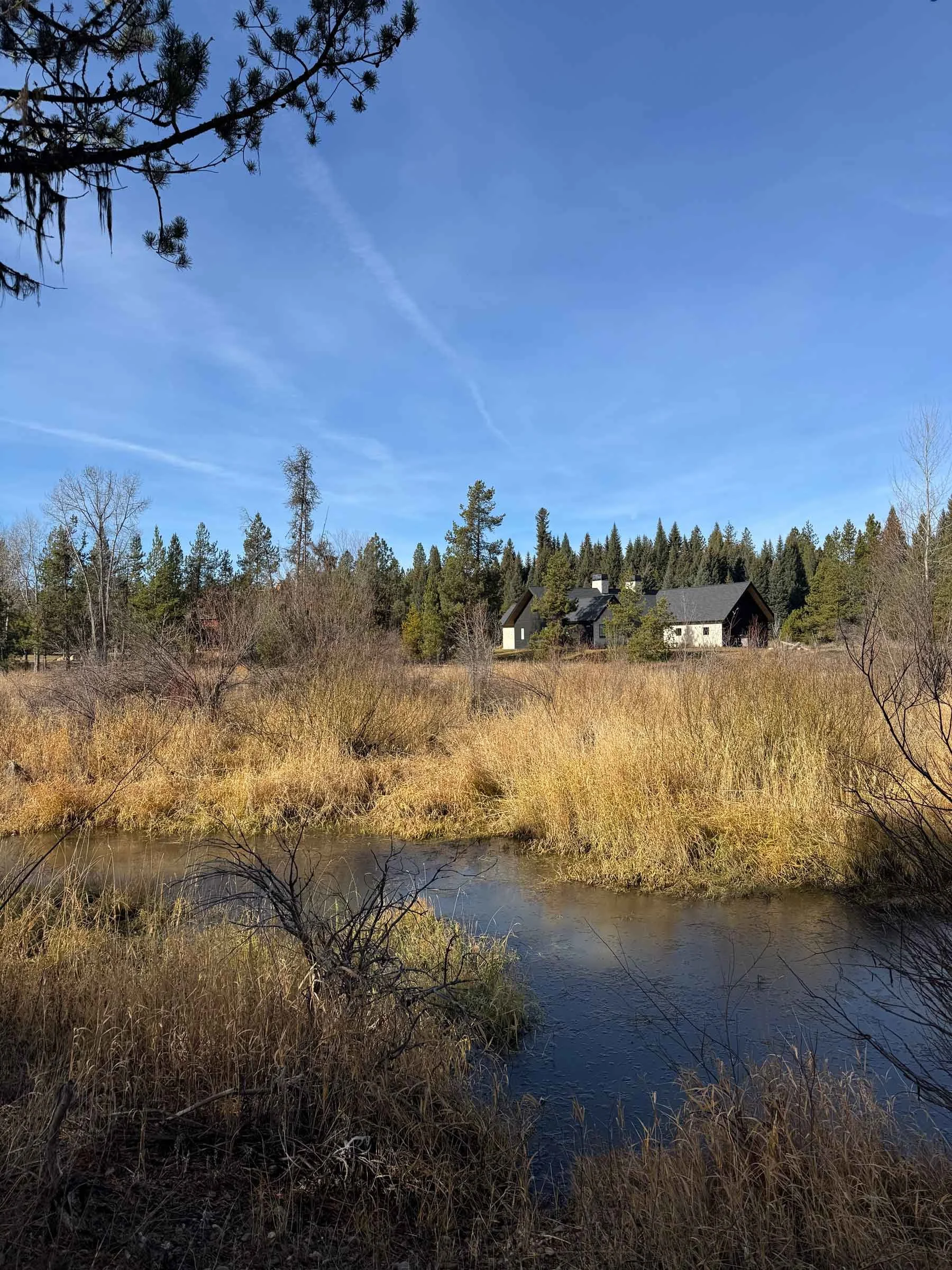 Fall view of a custom riverfront cabin near McCall, Idaho, designed by Jakub Galczynski and engineered for long-term performance in mountain conditions.