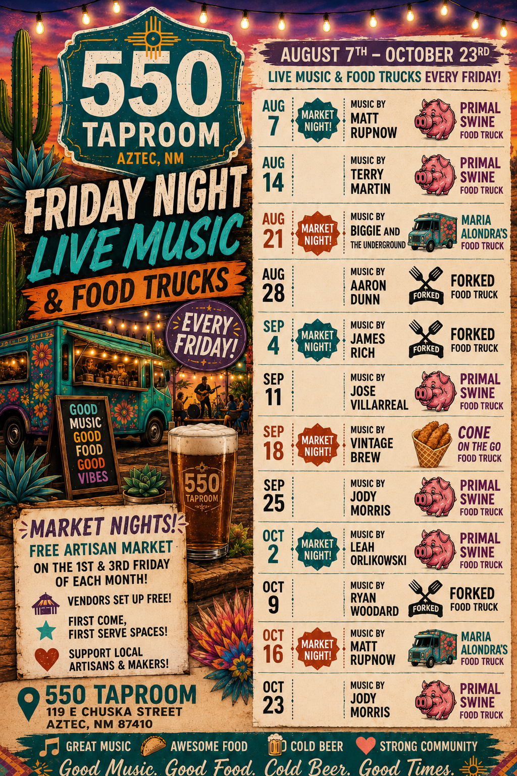 Free Friday Night MUsic, market, and food trucks